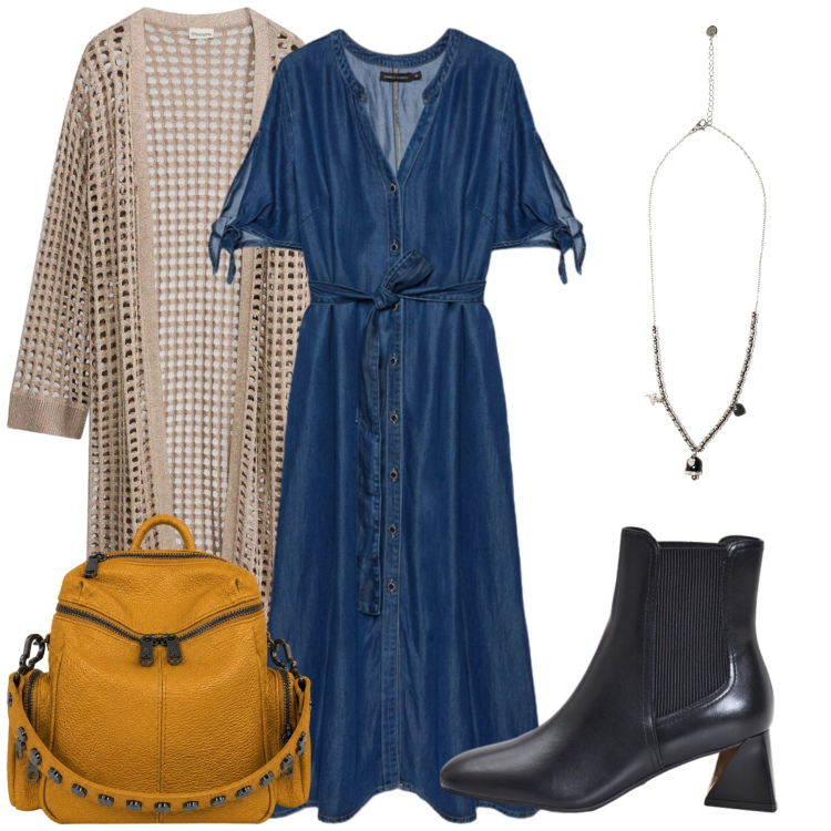 Outfit donna - Total look #2463475. Stile Glamour per Tutti i giorni. Abbinamento con cardigans, stivaletti, ciondoli, vestiti chemisier, zaini.
