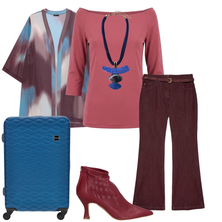 Outfit donna - Total look #2463477. Stile Casual chic per Tutti i giorni. Abbinamento con stivaletti, jeans, kimono, ciondoli, t-shirt, valigie.