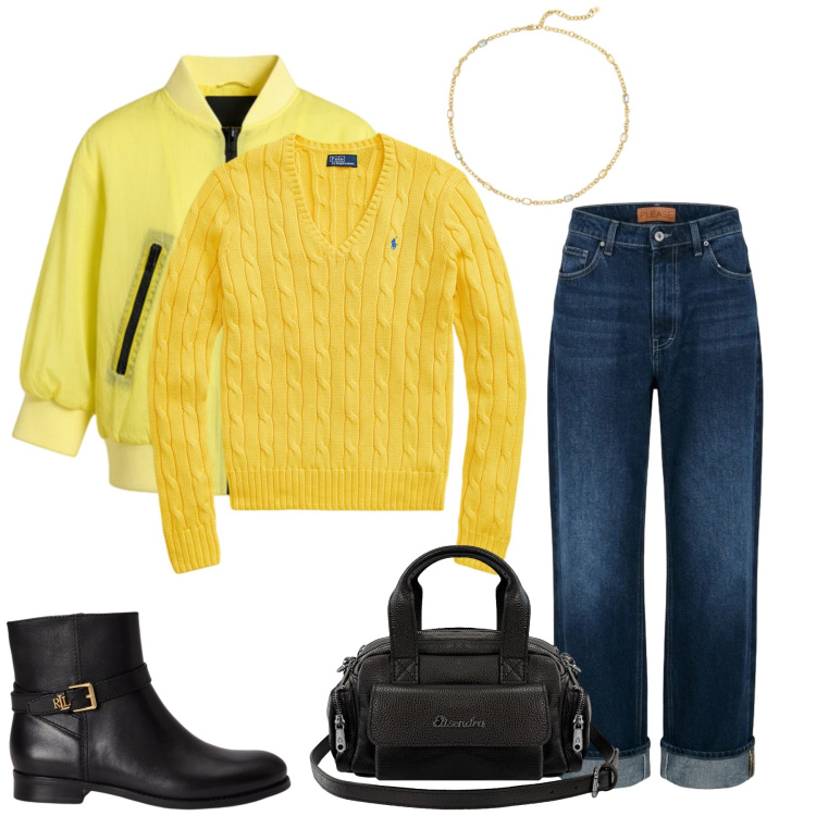 Outfit donna - Total look #2463478. Stile Casual chic per Tutti i giorni. Abbinamento con jeans dritti, borse a mano, bomber, maglieria, stivaletti, collane.