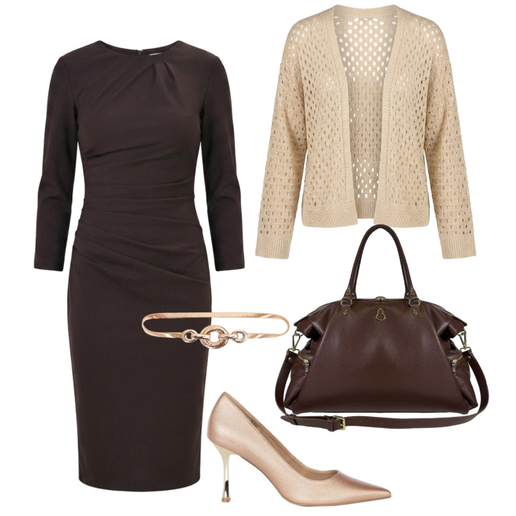 Outfit donna - Cena elegante in città. Stile Chic per Serata fuori. Abbinamento con vestiti midi/longuette, cinture, décolleté, borse a spalla, cardigans.