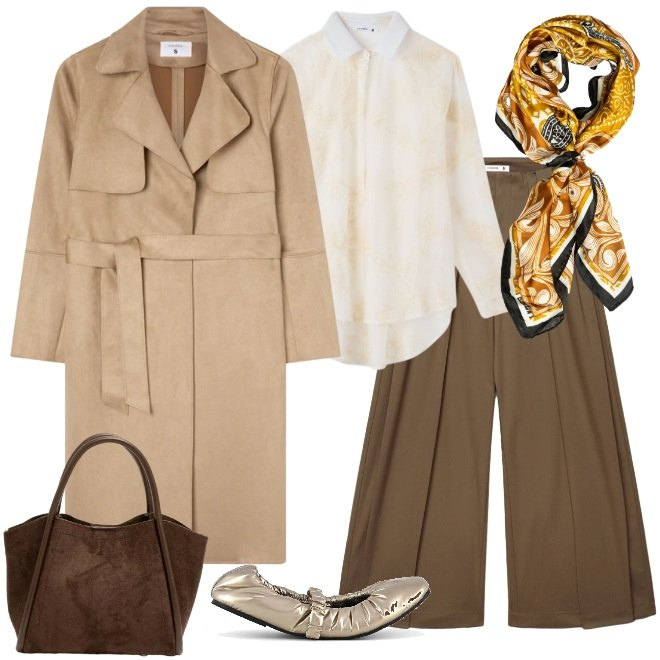 Outfit donna - Soprabito e foulard. Stile Trendy per Tutti i giorni. Abbinamento con pantaloni a palazzo, trench, camicie, foulard, borse a spalla, ballerine.