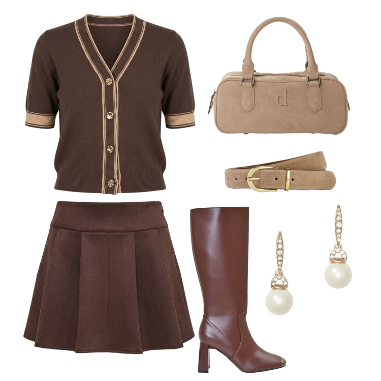 Outfit donna - Novità per l’autunno. Stile Glamour per Tutti i giorni. Abbinamento con cinture, borse a mano, stivali sopra il ginocchio, minigonne, cardigans, orecchini.