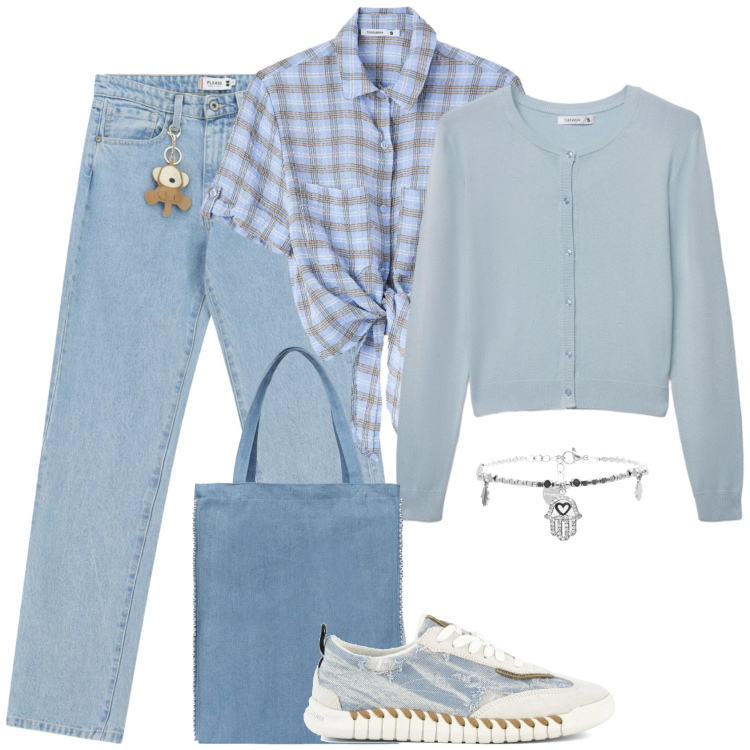 Outfit donna - Back to school. Stile Preppy per Scuola/Università. Abbinamento con camicie a manica corta, borse tote, cardigans, jeans dritti, braccialetti, sneakers.