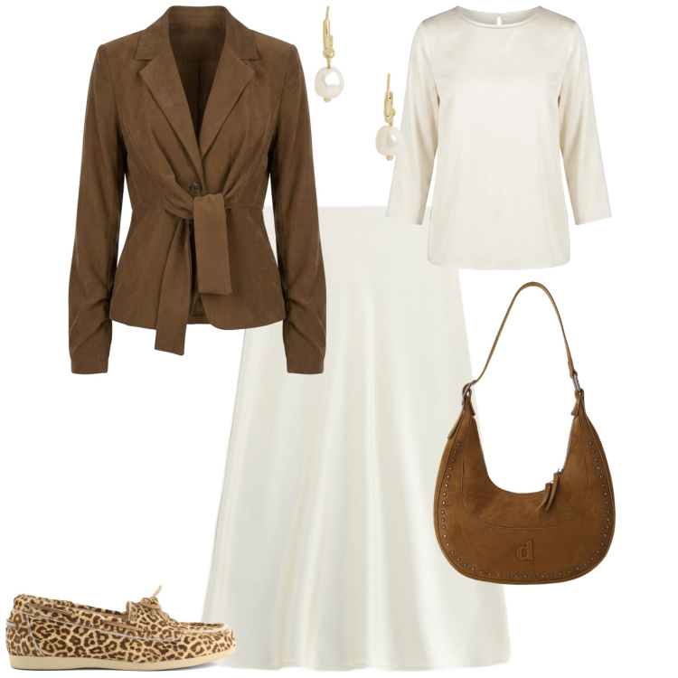 Outfit donna - Casual chic ufficio tempo libero. Stile Casual chic per Tutti i giorni. Abbinamento con gonne longuette, borse a spalla, bluse, blazer, orecchini, mocassini.