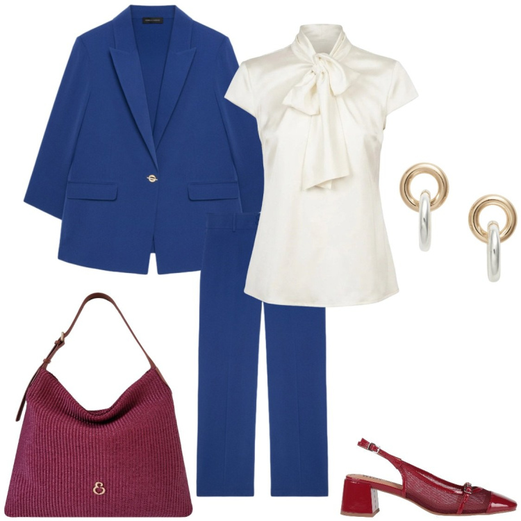 Outfit donna - Tempo di riunioni. Stile Chic per Ufficio. Abbinamento con décolleté, blazer, pantaloni, borse a spalla, camicie, orecchini.