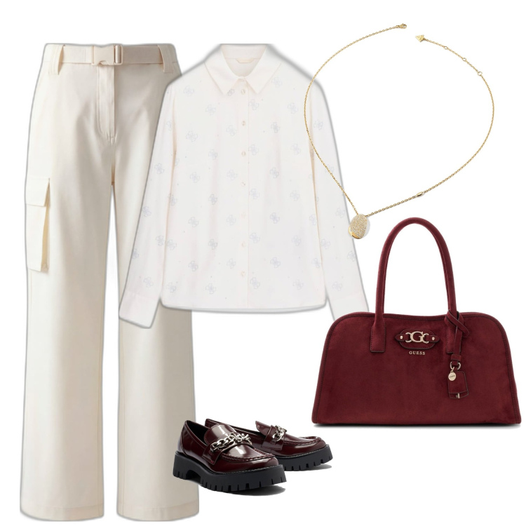 Outfit mujer - Casual #7934. Estilo Casual para Oficina. Combinación con pantalones cargo, mocasines, bolsos de mano, camisas, collares.