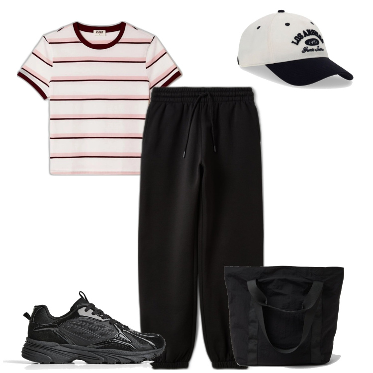 Outfit mujer - Casual chic #11817. Estilo Casual chic para Todos los días. Combinación con sneakers, camiseta, pantalones, bolso shopper, sombreros o gorros con visera.