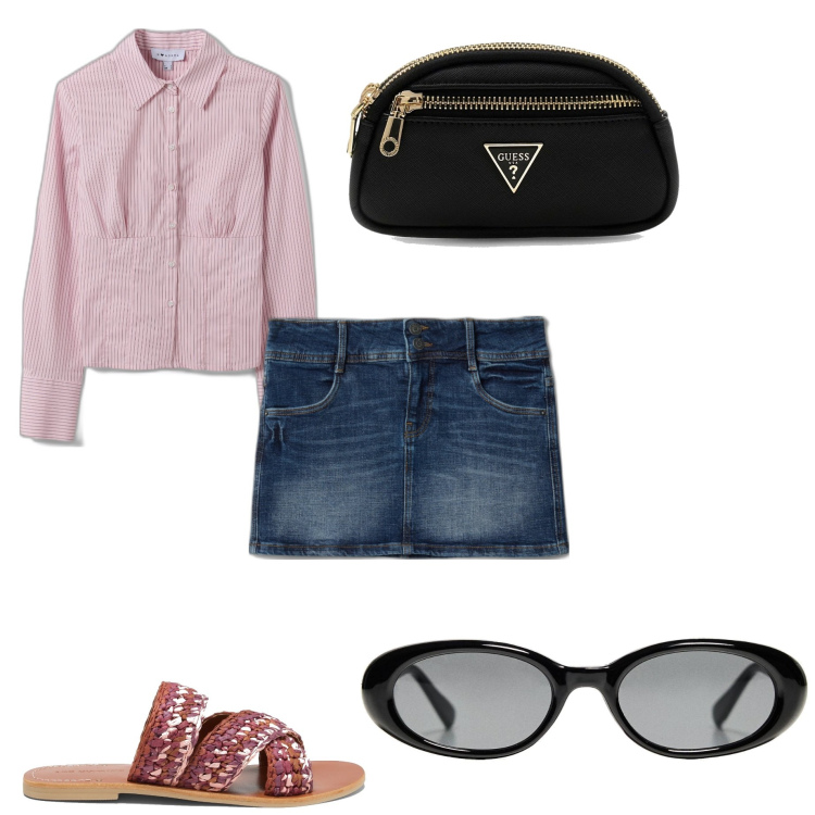 Outfit mujer - Casual chic #11818. Estilo Casual chic para Todos los días. Combinación con gafas de sol, minifaldas, sandalias, camisas, clutch.