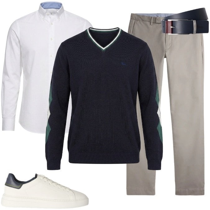 Outfit uomo - Total look #2463509. Stile Business/Elegante per Ufficio. Abbinamento con maglieria, camicie, sneakers, cinture, pantaloni.