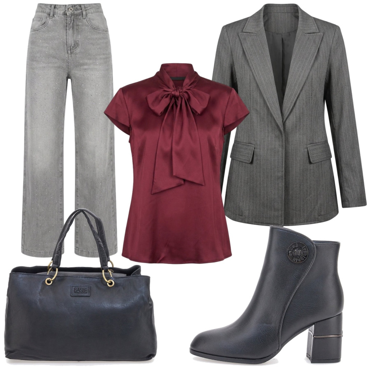Outfit donna - Total look #2463515. Stile Trendy per Ufficio. Abbinamento con camicie, jeans, blazer, stivaletti, borse a mano.