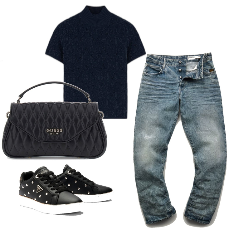 Outfit mujer - Urban look. Estilo Urban para Todos los días. Combinación con bolsos de mano, sneakers, vaqueros, top.