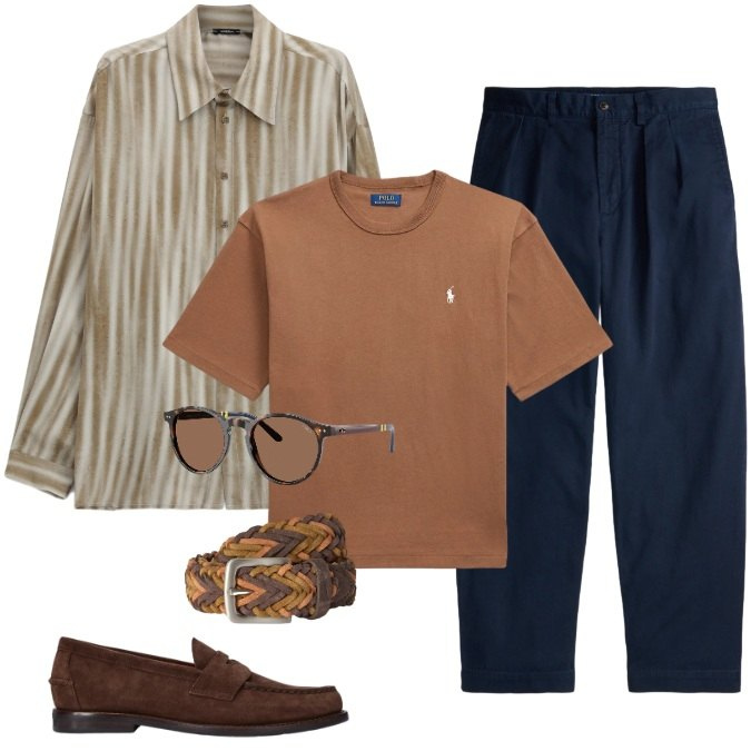 Outfit uomo - smart - cambio stagione. Stile Casual per Tutti i giorni. Abbinamento con cinture, camicie, occhiali da sole, pantaloni chino, t-shirt, scarpe stringate.