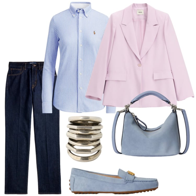 Outfit donna - Eleganza pratica. Stile Casual chic per Ufficio. Abbinamento con blazer, camicie, mocassini, borse a spalla, anelli, jeans dritti.