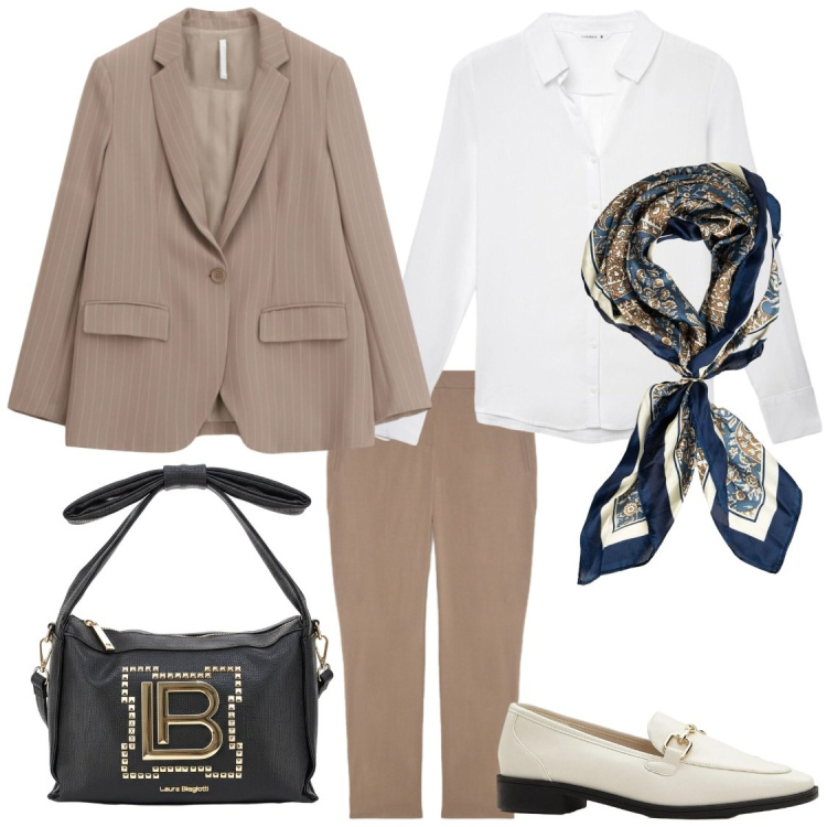Outfit donna - Il completo pantalone. Stile Casual chic per Ufficio. Abbinamento con mocassini, blazer, camicie, pantaloni, foulard, borse a mano.