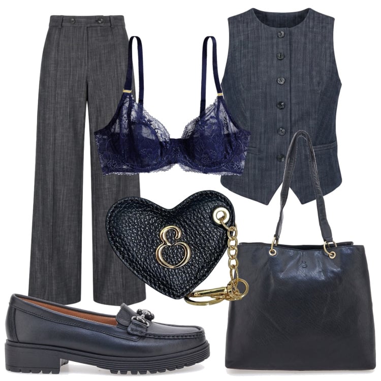 Outfit donna - Total look #2463521. Stile Casual chic per Ufficio. Abbinamento con portachiavi, jeans, gilet, reggiseni, mocassini, shopping bag.