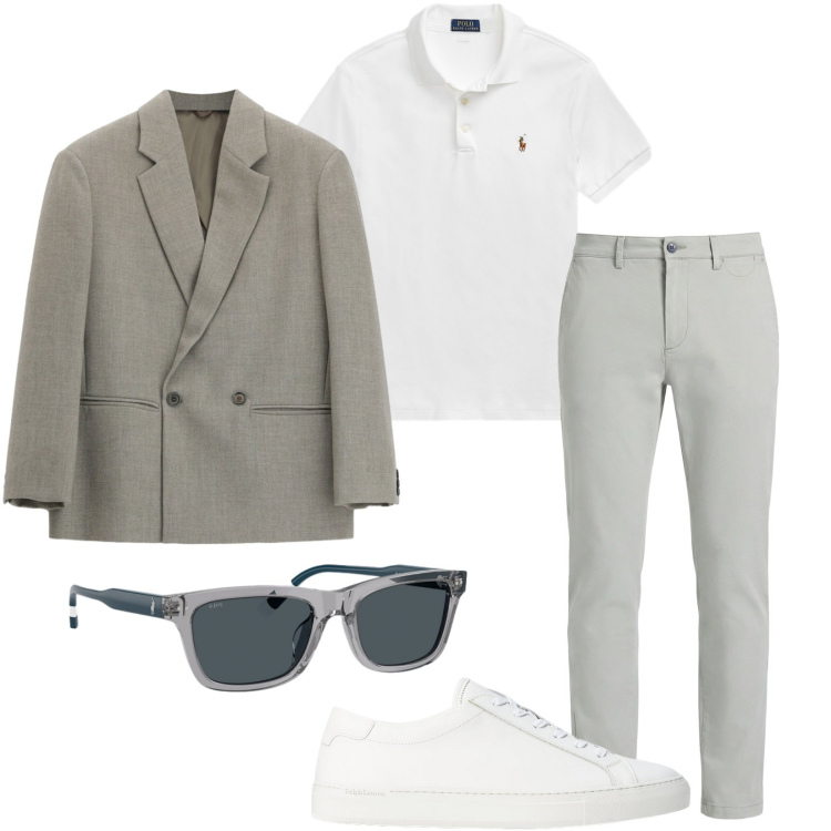 Outfit uomo - Blazer e chino. Stile Trendy per Serata speciale. Abbinamento con pantaloni chino, giacche, sneakers, occhiali da sole, polo.