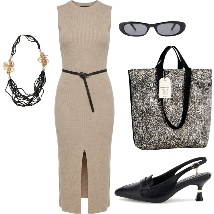 Outfit donna - Andando in ufficio. Stile Chic per Ufficio. Abbinamento con occhiali da sole, collane, borse tote, vestiti midi/longuette, décolleté.