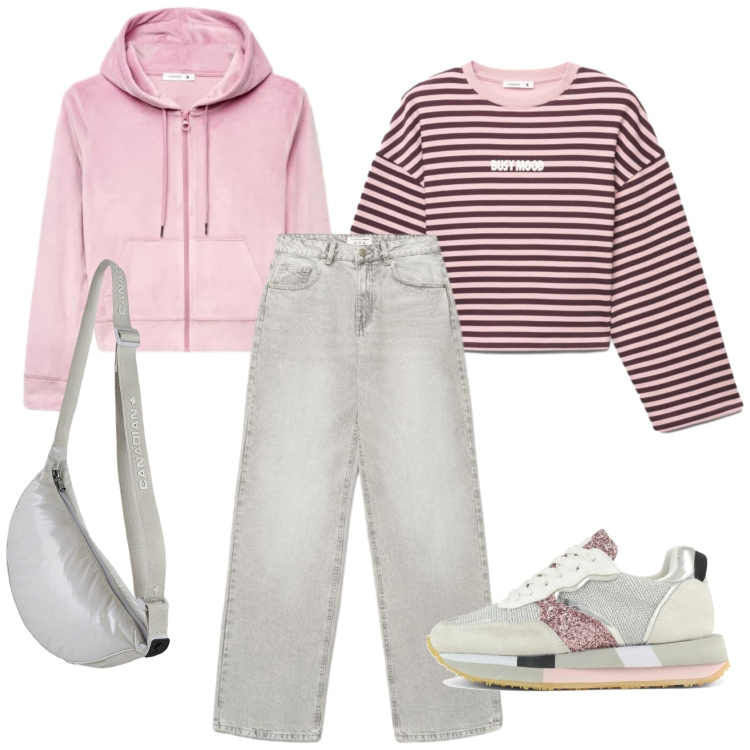Outfit donna - Total look #2463530. Stile Casual per Scuola/Università. Abbinamento con jeans, felpe con cappuccio, felpe, borse a tracolla, sneakers.