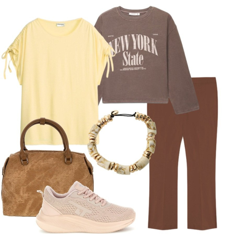 Outfit donna - Total look #2463531. Stile Casual chic per Tutti i giorni. Abbinamento con t-shirt, t-shirt, braccialetti, pantaloni, sneakers, borse a tracolla.