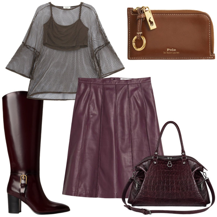Outfit donna - Total look #2463538. Stile Glamour per Tutti i giorni. Abbinamento con gonne, top, shopping bag, portafogli, stivali.