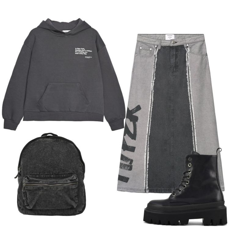 Outfit donna - Total look #2463540. Stile Urban per Scuola/Università. Abbinamento con gonne lunghe, zaini, felpe con cappuccio, anfibi.