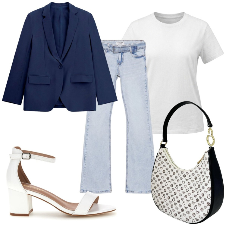 Outfit donna - Total look #2463542. Stile Casual chic per Tutti i giorni. Abbinamento con blazer, jeans a zampa, borse a spalla, t-shirt, sandali col tacco.