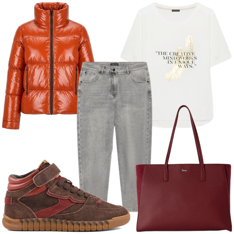 Outfit donna - Total look #2463543. Stile Casual per Tutti i giorni. Abbinamento con shopping bag, jeans mom, t-shirt, piumini, sneakers.