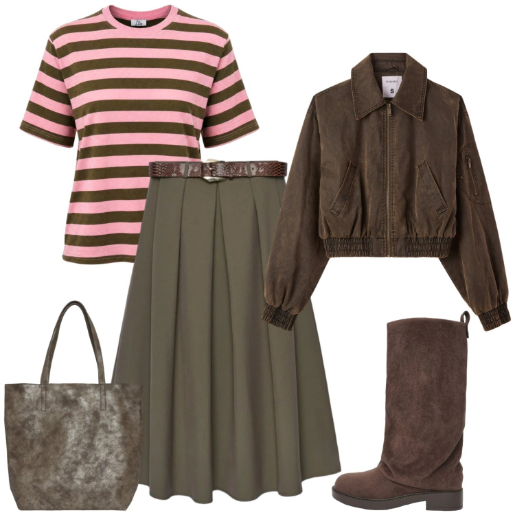 Outfit donna - Total look #2463544. Stile Casual per Scuola/Università. Abbinamento con gonne lunghe, bomber, stivali, shopping bag, t-shirt.