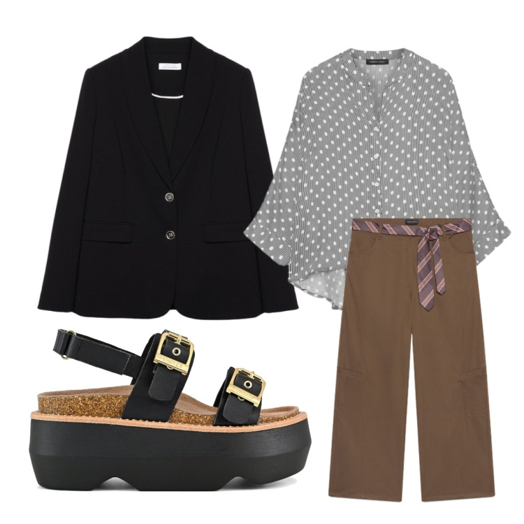 Outfit donna - A lavoro. Stile Urban per Ufficio. Abbinamento con camicie, pantaloni, blazer, sandali col tacco.