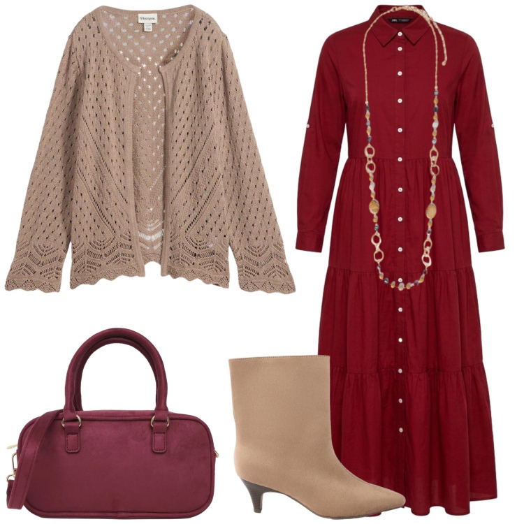 Outfit donna - Total look #2463550. Stile Boho per Tutti i giorni. Abbinamento con cardigans, stivaletti, vestiti chemisier, borse a tracolla, collane.