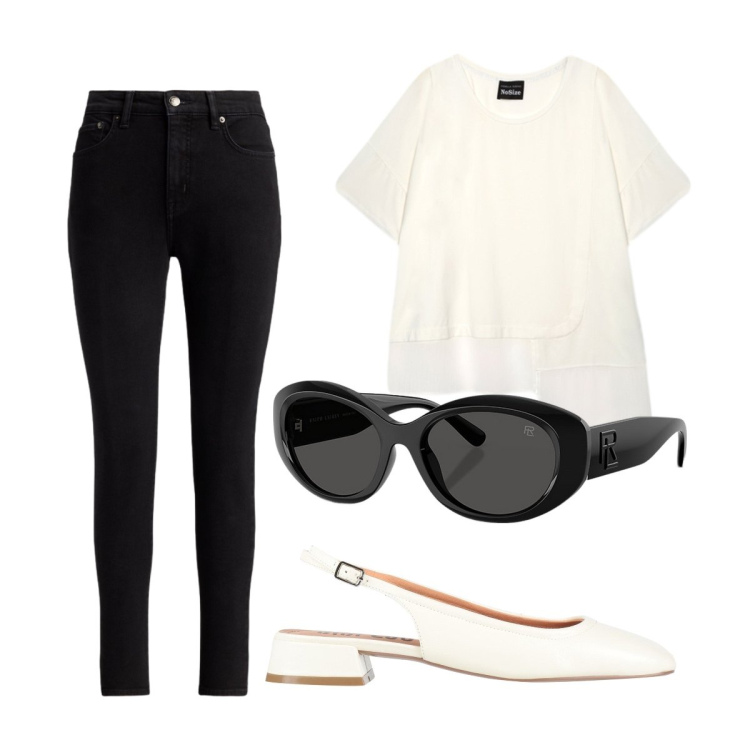 Outfit donna - Settembre curvy. Stile Basic per Tutti i giorni. Abbinamento con ballerine, t-shirt, occhiali da sole, jeans skinny.