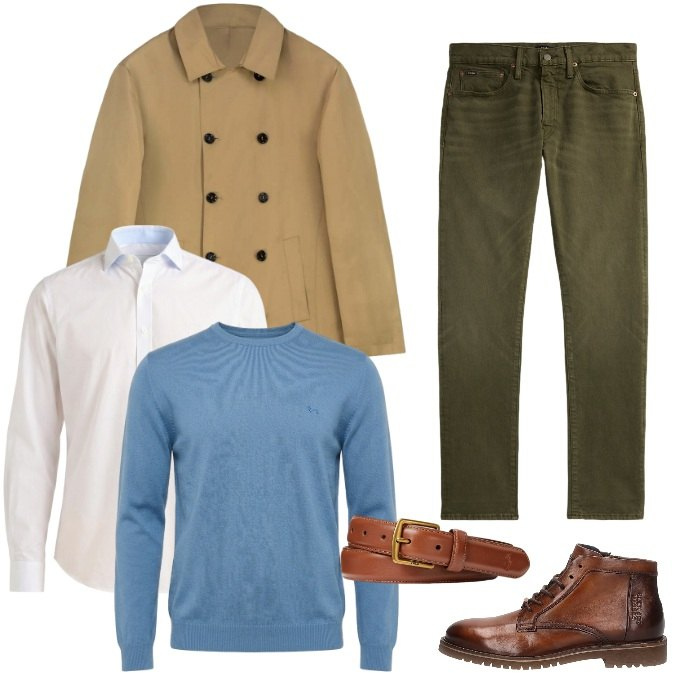Outfit uomo - Total look #2463553. Stile Casual per Tutti i giorni. Abbinamento con camicie, maglieria, trench, cinture, jeans, stivali e stivaletti.