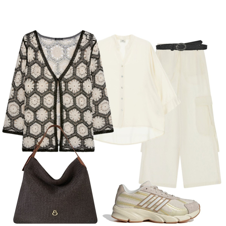 Outfit donna - Streetwear raffinato. Stile Casual chic per Tutti i giorni. Abbinamento con camicie, pantaloni cargo, cinture, cardigans, borse a spalla, sneakers.