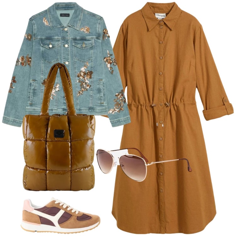 Outfit donna - Total look #2463563. Stile Sporty chic per Tutti i giorni. Abbinamento con vestiti chemisier, sneakers, occhiali da sole, blazer, shopping bag.