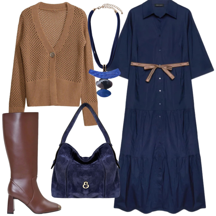 Outfit donna - Total look #2463572. Stile Casual per Tutti i giorni. Abbinamento con cardigans, stivali sopra il ginocchio, vestiti chemisier, ciondoli, borse a spalla.