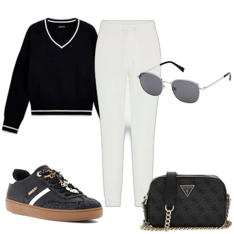 Outfit mujer - Casual #7949. Estilo Casual para Todos los días. Combinación con prendas de punto, sneakers, pantalones, gafas de sol, bandoleras.