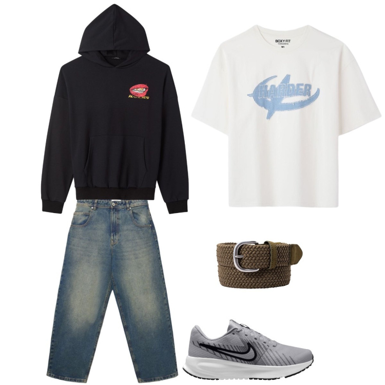 Outfit uomo - Total look #2463578. Stile Casual per Tutti i giorni. Abbinamento con jeans, felpe con cappuccio, t-shirt, cinture, sneakers.