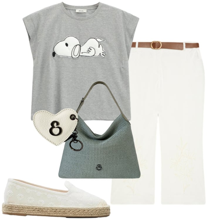 Outfit donna - Tempo libero. Stile Casual per Tutti i giorni. Abbinamento con espadrillas, t-shirt, pantaloni, portachiavi, borse a spalla.