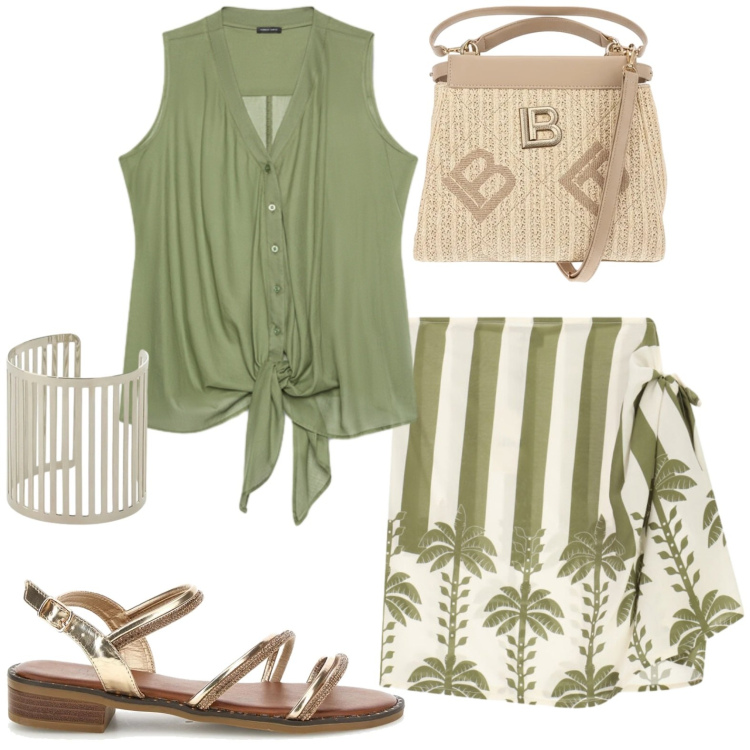 Outfit donna - Settembre in vacanza. Stile Casual per Mare. Abbinamento con minigonne, braccialetti, top, sandali col tacco, borse a tracolla.