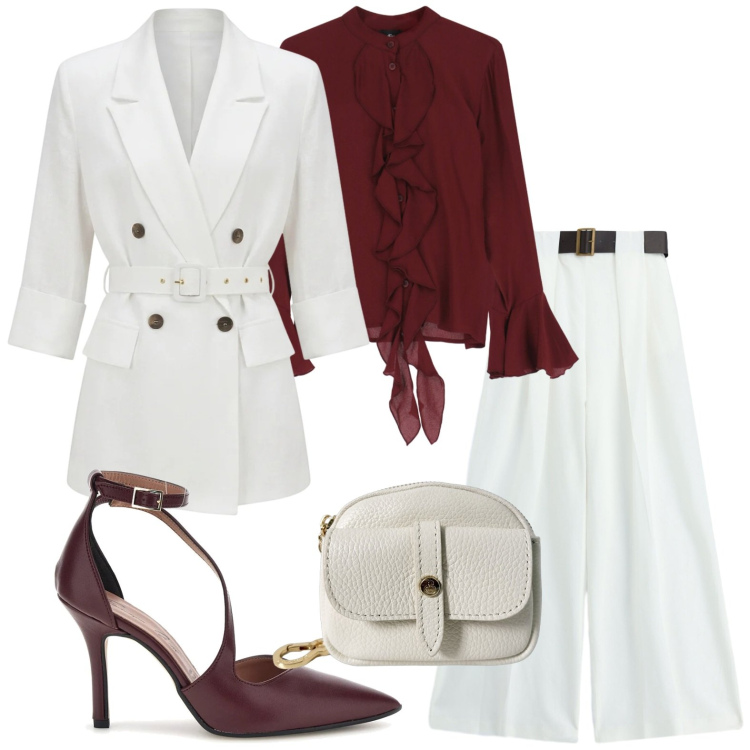 Outfit donna - Camicia con dettagli. Stile Chic per Ufficio. Abbinamento con camicie, pantaloni a palazzo, blazer, portachiavi, décolleté.