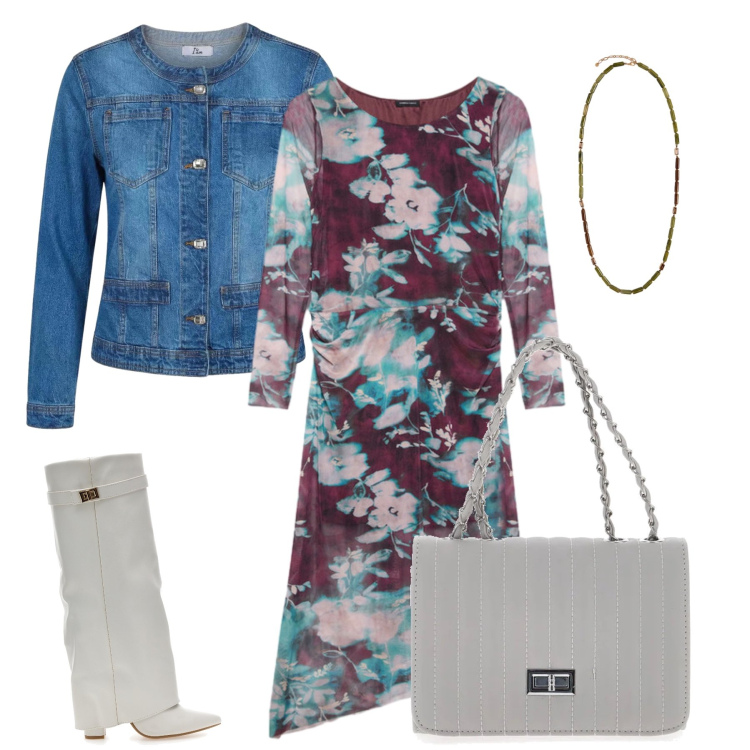 Outfit donna - Total look #2463586. Stile Casual chic per Tutti i giorni. Abbinamento con blazer, vestiti lunghi, collane, borse a tracolla, stivali sopra il ginocchio.