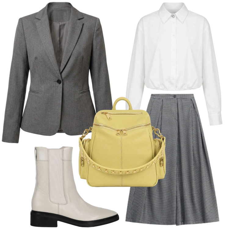 Outfit donna - Eleganza ghiaccio. Stile Glamour per Scuola/Università. Abbinamento con stivaletti chelsea, pantaloni a palazzo, zaini, camicie, blazer.