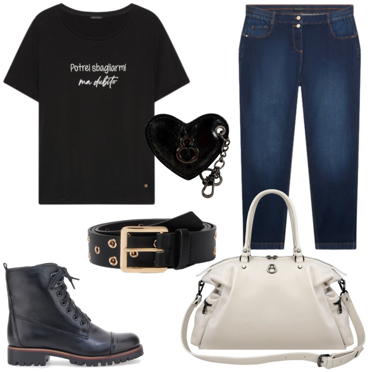 Outfit donna - Total look #2463591. Stile Casual chic per Tutti i giorni. Abbinamento con jeans, cinture, t-shirt, shopping bag, portachiavi, stivaletti.