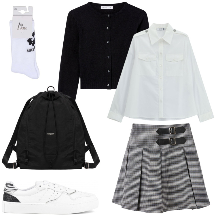 Outfit donna - Preppy back to school. Stile Preppy per Scuola/Università. Abbinamento con minigonne, cardigans, calzini, camicie, zaini, sneakers.