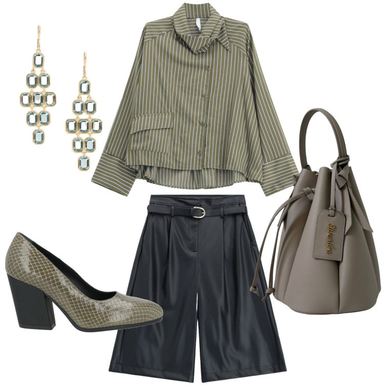 Outfit donna - Green stripes. Stile Glamour per Tutti i giorni. Abbinamento con décolleté, camicie, bermuda, borse a secchiello, orecchini.