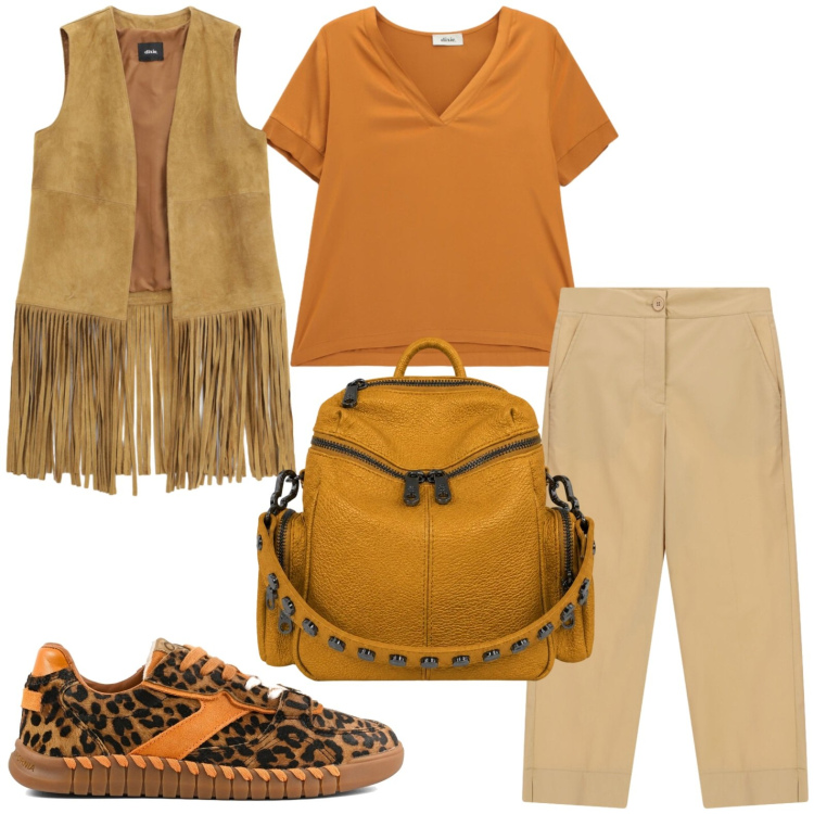 Outfit donna - Mood bohémien. Stile Casual per Tutti i giorni. Abbinamento con t-shirt, pantaloni, gilet, zaini, sneakers.