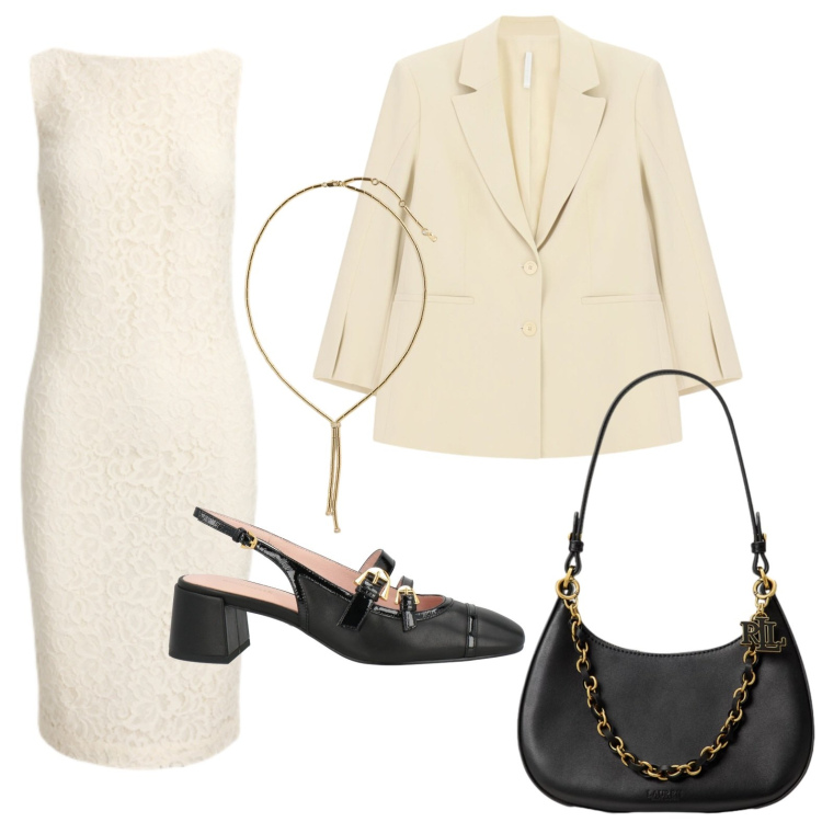 Outfit donna - Silhouette impeccabile. Stile Chic per Tutti i giorni. Abbinamento con décolleté, blazer, collane, vestiti senza maniche, borse a spalla.