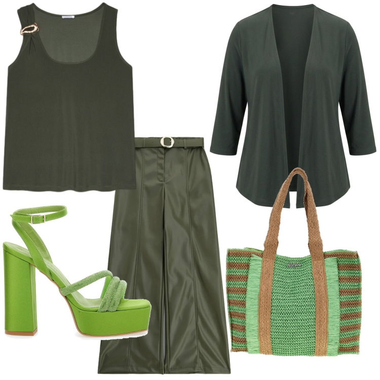 Outfit donna - Verde iconico. Stile Casual per Tutti i giorni. Abbinamento con pantaloni, blazer, canottiere, sandali col tacco, borse a spalla.