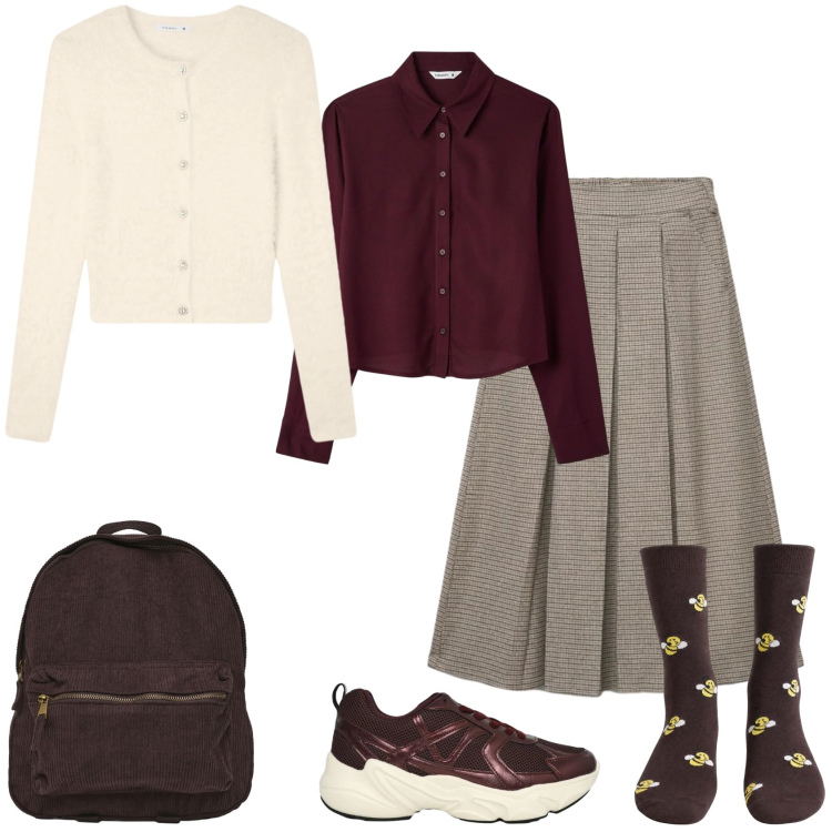 Outfit donna - Preppy. Stile Preppy per Scuola/Università. Abbinamento con camicie, gonne longuette, cardigans, sneakers, zaini, calzini.
