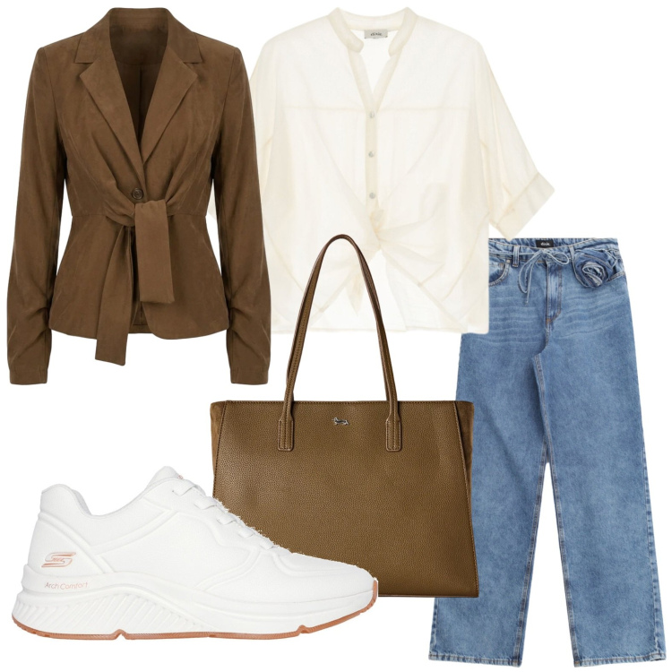 Outfit donna - Blazer cinturato. Stile Casual per Tutti i giorni. Abbinamento con shopping bag, jeans, camicie a manica corta, blazer, sneakers.